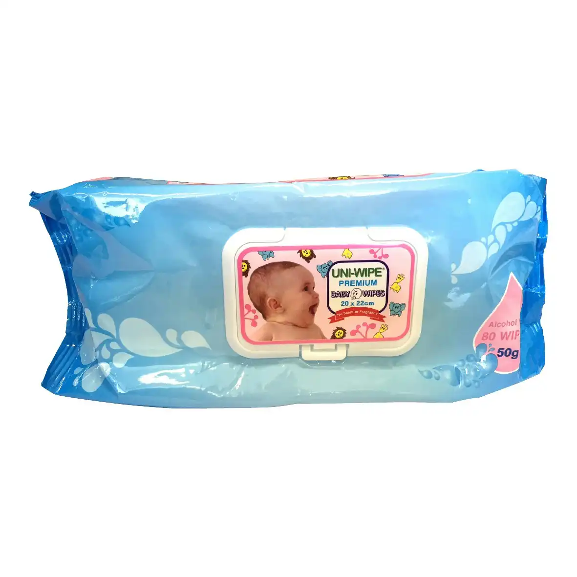Uni-Wipe Baby Wipes Unscented, 22x20cm, 50 GSM Thick, Alcohol-Free, 80 Wipes in Soft Pack with Hard Secure Lid