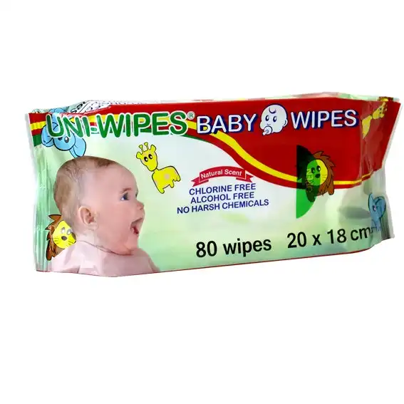 Uni-Wipe Baby Wipes, Natural Scent, Perfume-Free, 20 x 18cm, 80 Wipes in Resealable Soft Pack