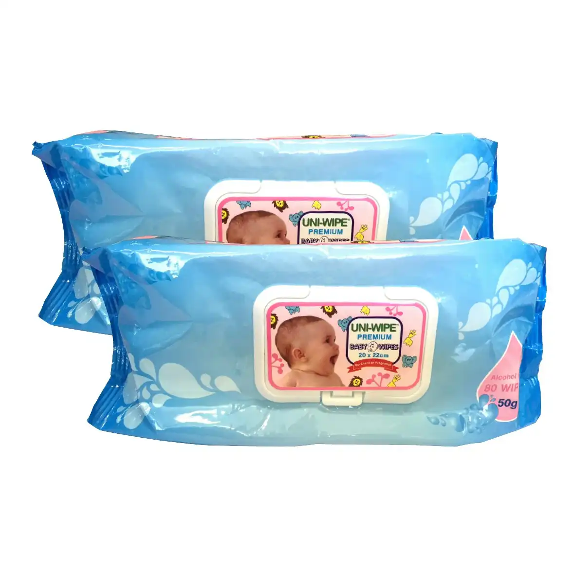 Uni-Wipe Baby Wipes Unscented, 22x20cm, 50 GSM Thick, Alcohol-Free, 80 Wipes in Soft Pack with Hard Secure Lid, 12 Packs/Carton