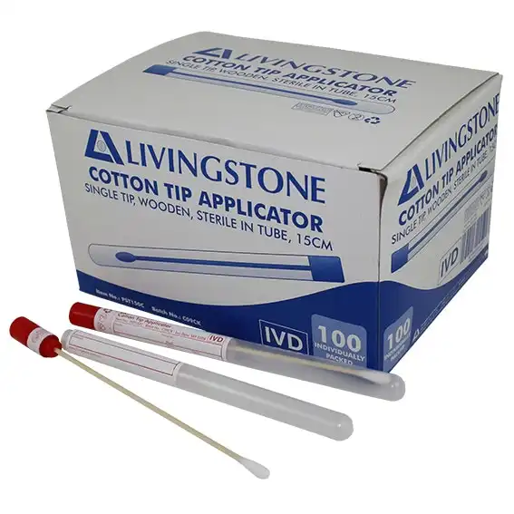 Livingstone Cotton Tip Applicator Swab 15cm Single Tip Wooden Stem 100 Box