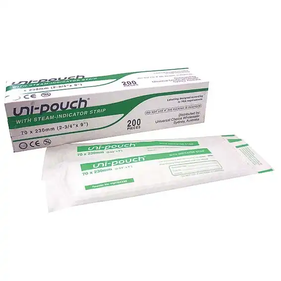 Uni-Pouch Sterilisation Pouch with Indicator Strips 70 x 230mm 200 box