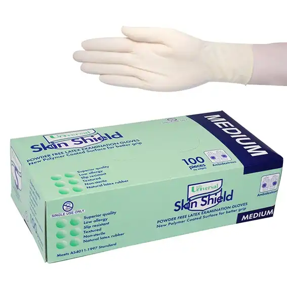 Universal Skin Shield Latex Powder Free Medium Cream Gloves AS/NZ 100 Box