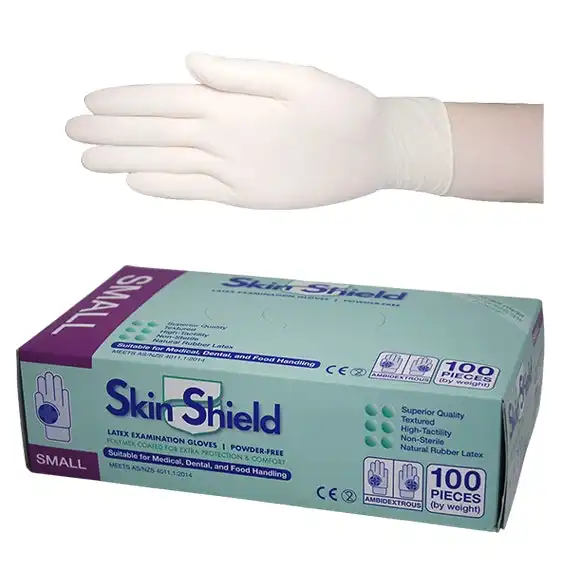 Skin Shield Latex Powder Free Small Cream Gloves AS/NZ HACCP 100 Box x10