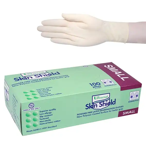 Universal Skin Shield Latex Examination Gloves Powder Free AS/NZ Biodegradable Polymer Coated Textured HACCP Small Cream 1000/Carton