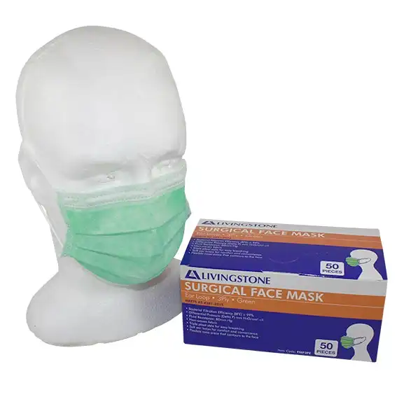 Livingstone Face Mask Level 1 Barrier Protection Ear Loop 3-Ply Green 50 Box