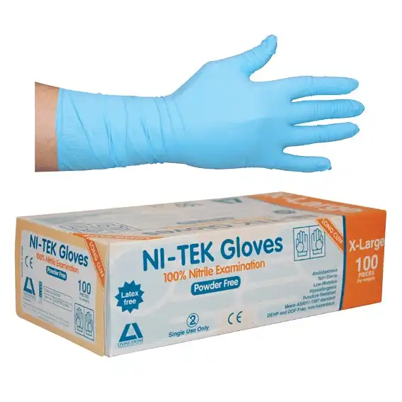 Ni-Tek Nitrile Powder Free Gloves Extra Large Blue Long Cuff 300mm AS/NZ HACCP Grade 100 Box