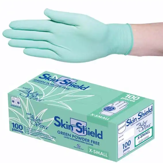 Universal Skin Shield Latex Powder-Free Extra Small Green Gloves 100 Box