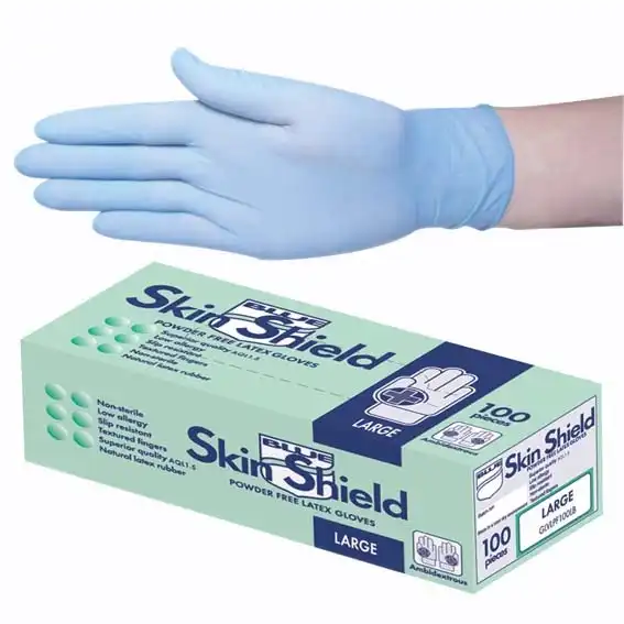 Skin Shield Powder Free Latex Blue Large Gloves 100 Box