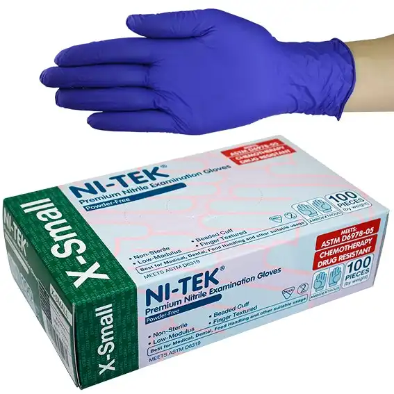 Ni-Tek Nitrile Accelerator Free Powder Free Gloves Extra Small Blueple ASTM 100 Box