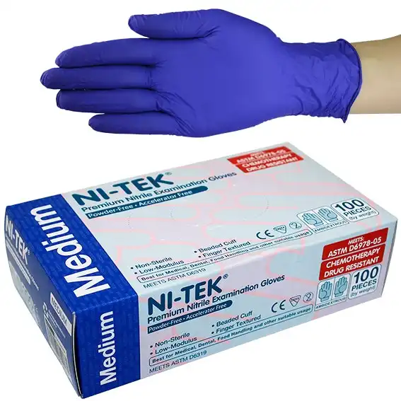 Ni-Tek Nitrile Accelerator Free Powder Free Gloves Medium Blueple ASTM 100 Box