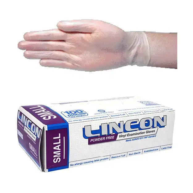 Lincon Powder Free Vinyl Gloves 5.5g Small Clear 100 Box
