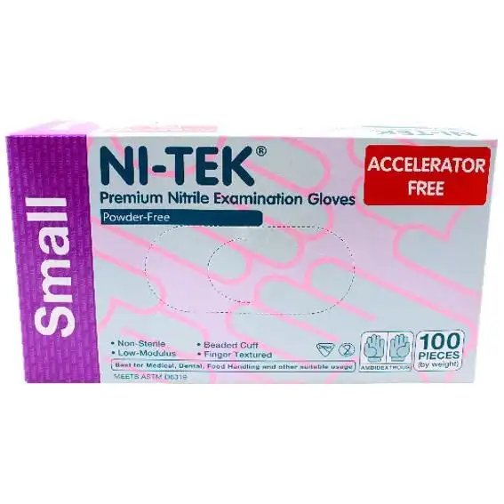 Ni-Tek Nitrile Accelerator Free Powder Free Gloves Small Blueple ASTM 100 Box x10