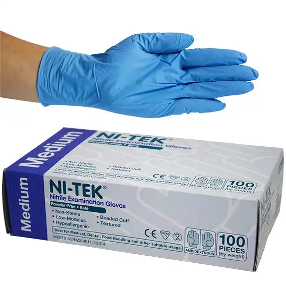 Ni-Tek Nitrile Powder Free Gloves Medium Blue AS/NZ HACCP Grade 100 Box