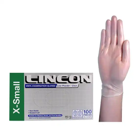 Lincon Vinyl Low Powder Gloves 5.0g Extra Small Clear 100 Box