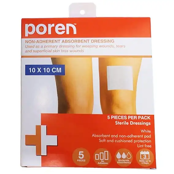 Poren Non-Adherent Absorbent Dressing 10 x 10cm Sterile 5 Pack