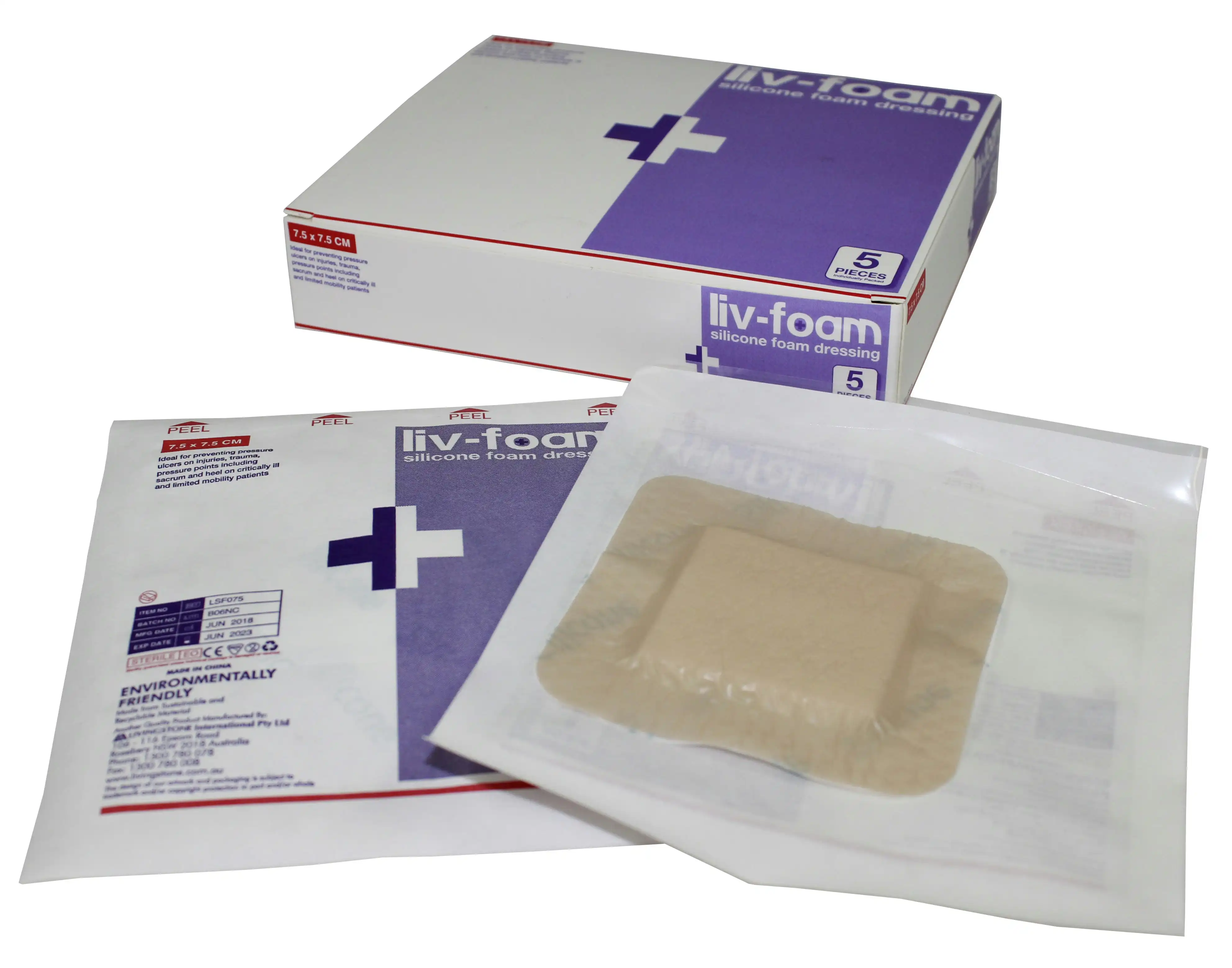 Liv-Foam Silicone Foam Dressing 7.5 x 7.5cm with Adhesive Border Self Adherent 5 Box