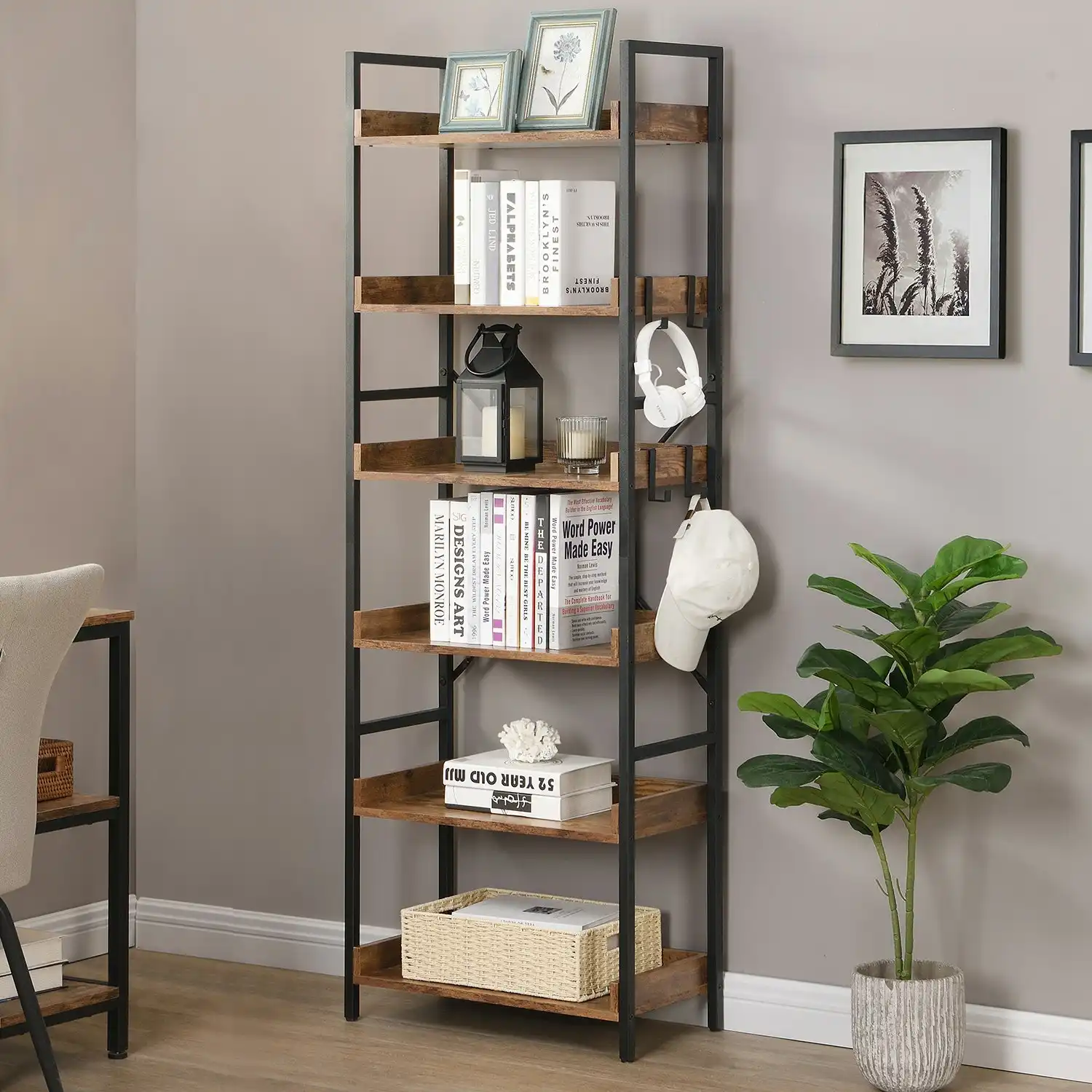 HLIVING 6 Tier Industrial Wood Bookshelf and Bookcase with 4 Hooks, Brown