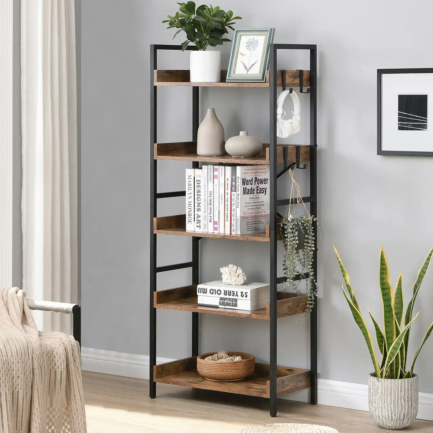 HLIVING 5 Tier Industrial Wood Bookshelf and Bookcase with 4 Hooks, Brown