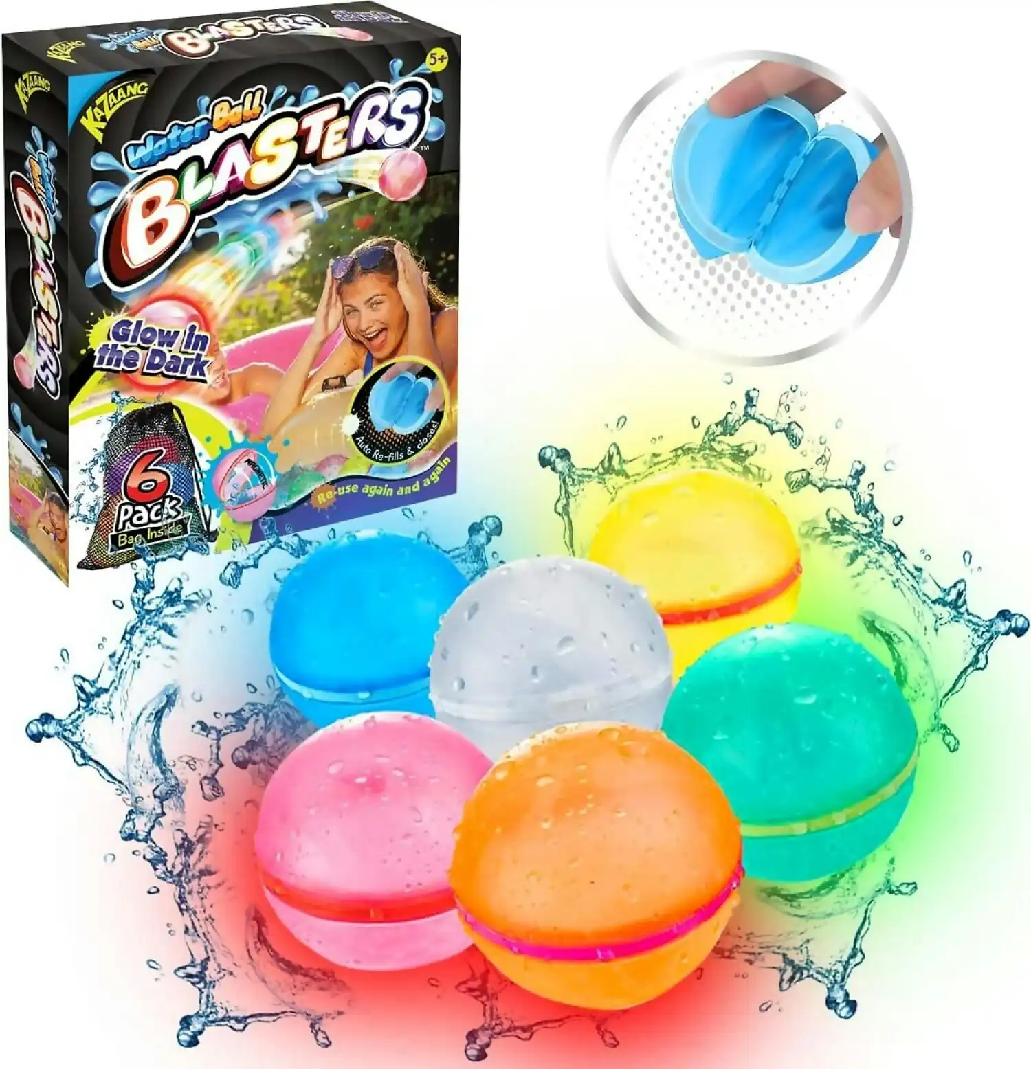 Kazaang - Water Ball Blasters Glow In The Dark 6-pack Reusable Water Balloons