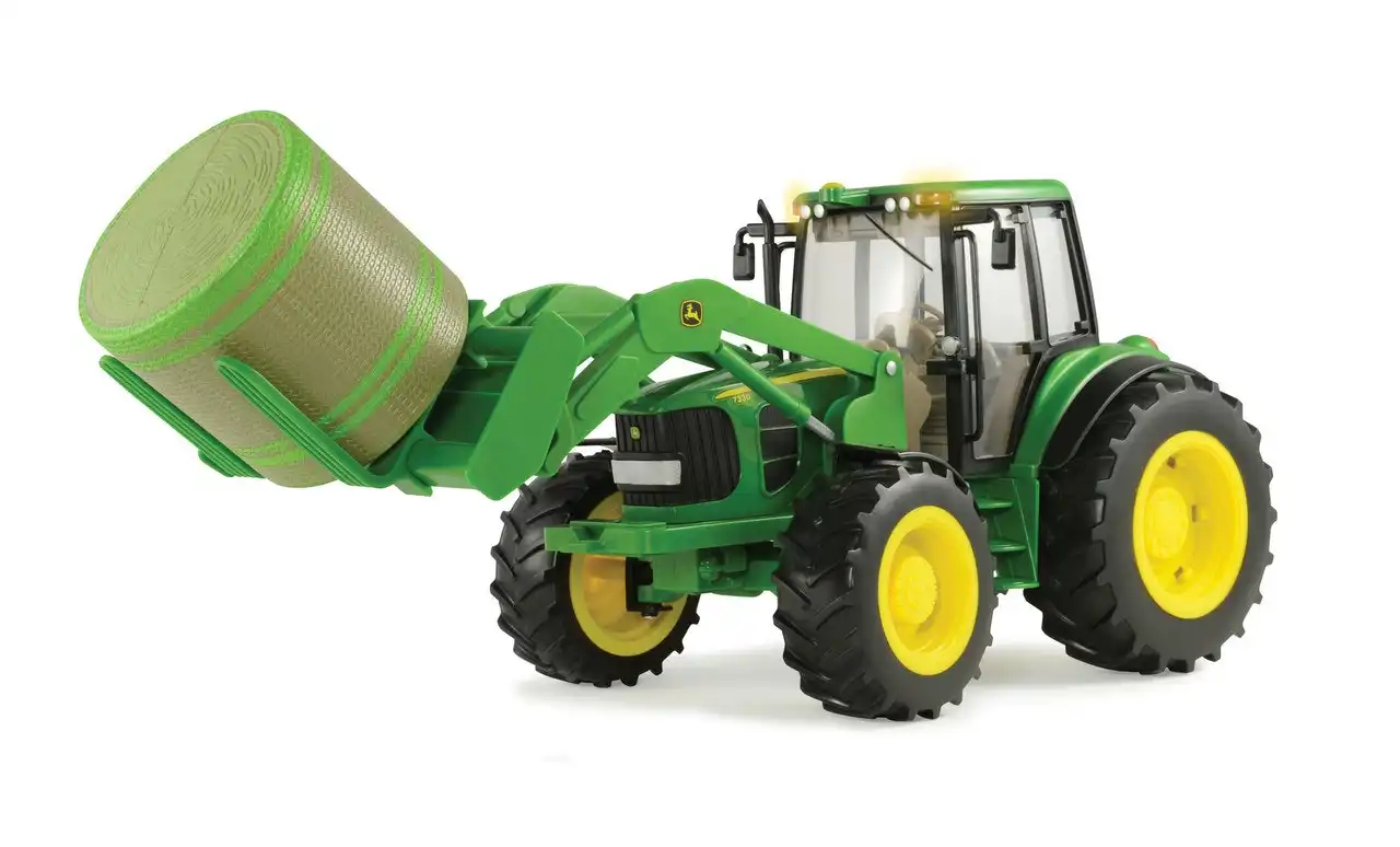 John Deere - Tomy Big Farm Lights & Sounds 1:16 Scale 7330 Tractor With Bale Loader & Round Bale
