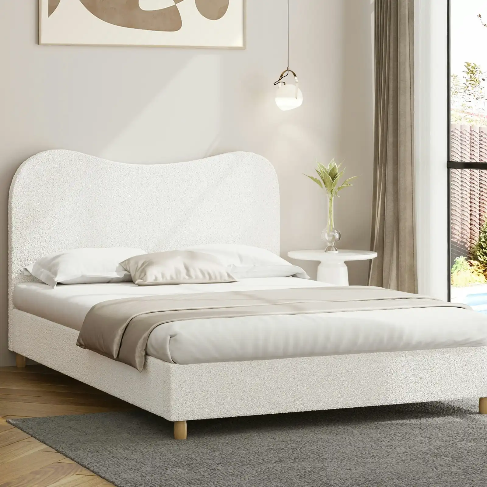 Oikiture Bed Frame Queen Size White Boucle Cloud Shape