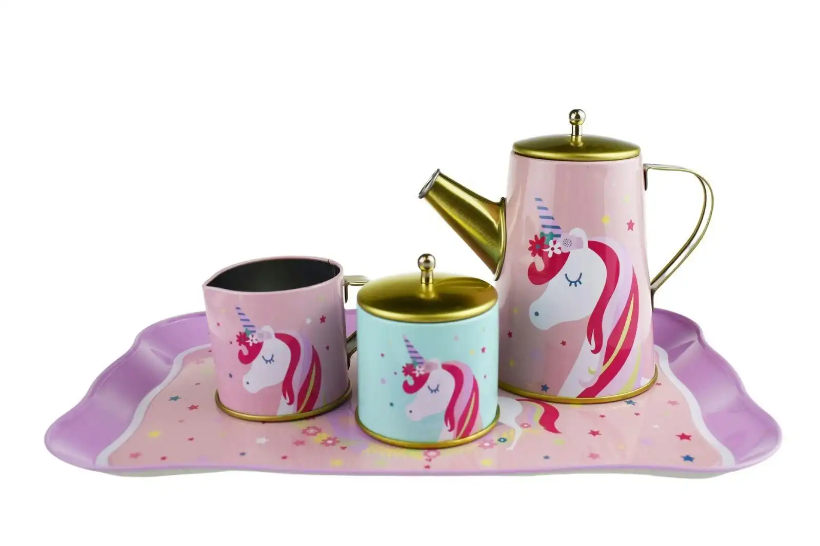 18pcs Kaper Kidz Deluxe Unicorn Themed Tin Teacup Set Suitcase For Children 3+