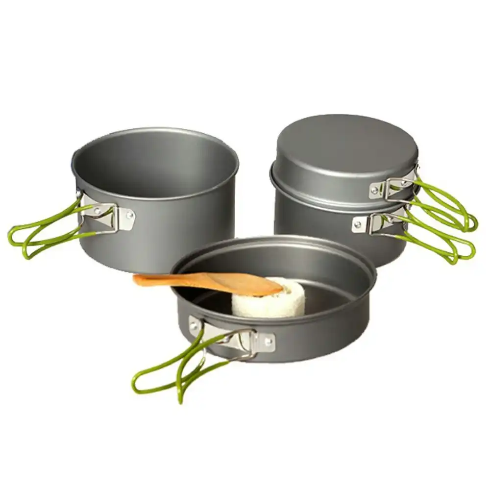 4pc Domex Anodised Aluminium Outdoor Camping Cooking Billy And Lid Set GRY/GRN