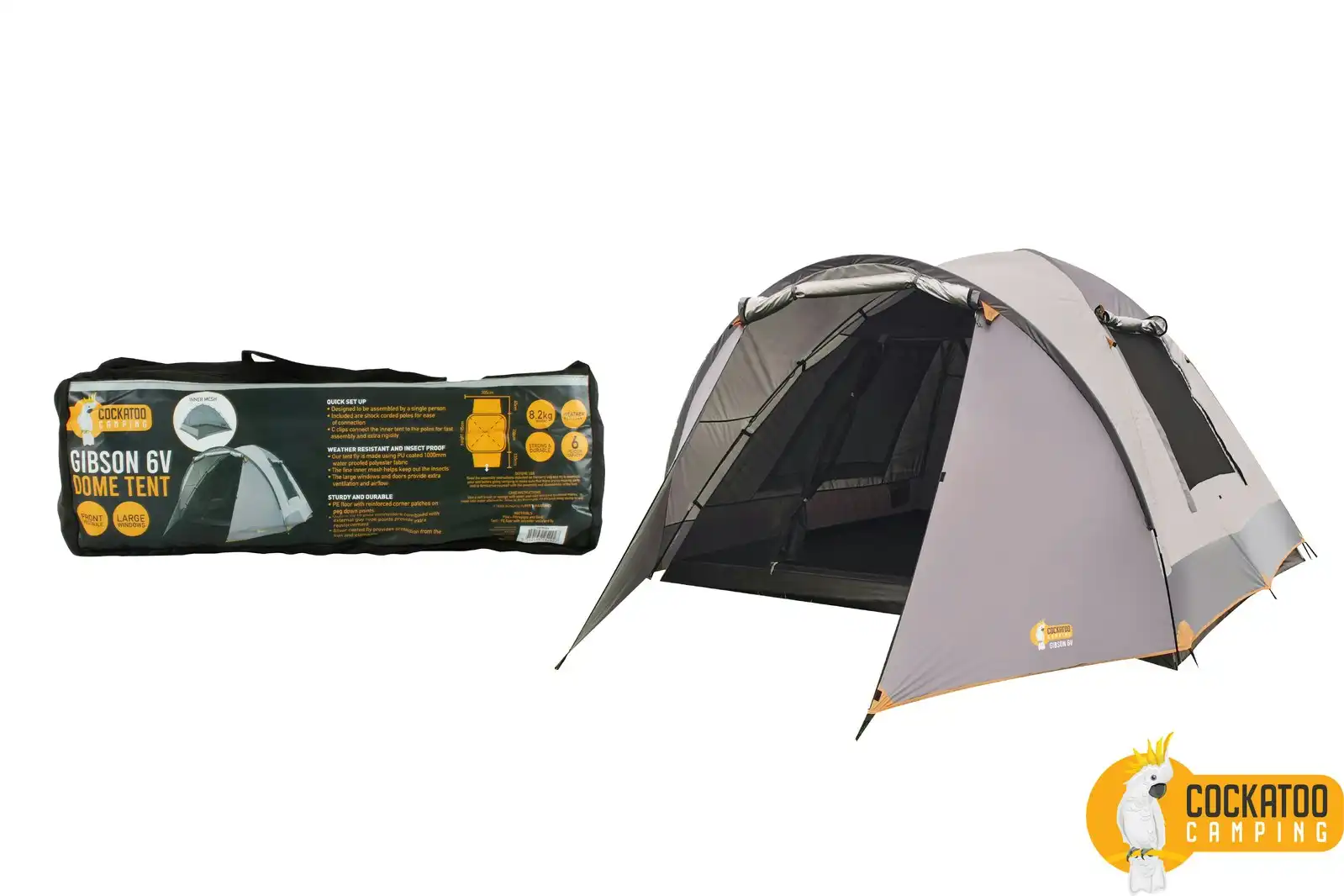 Cockatoo Camping Gibson 6V Dome Tent Waterproof Outdoor Hiking Shelter Grey