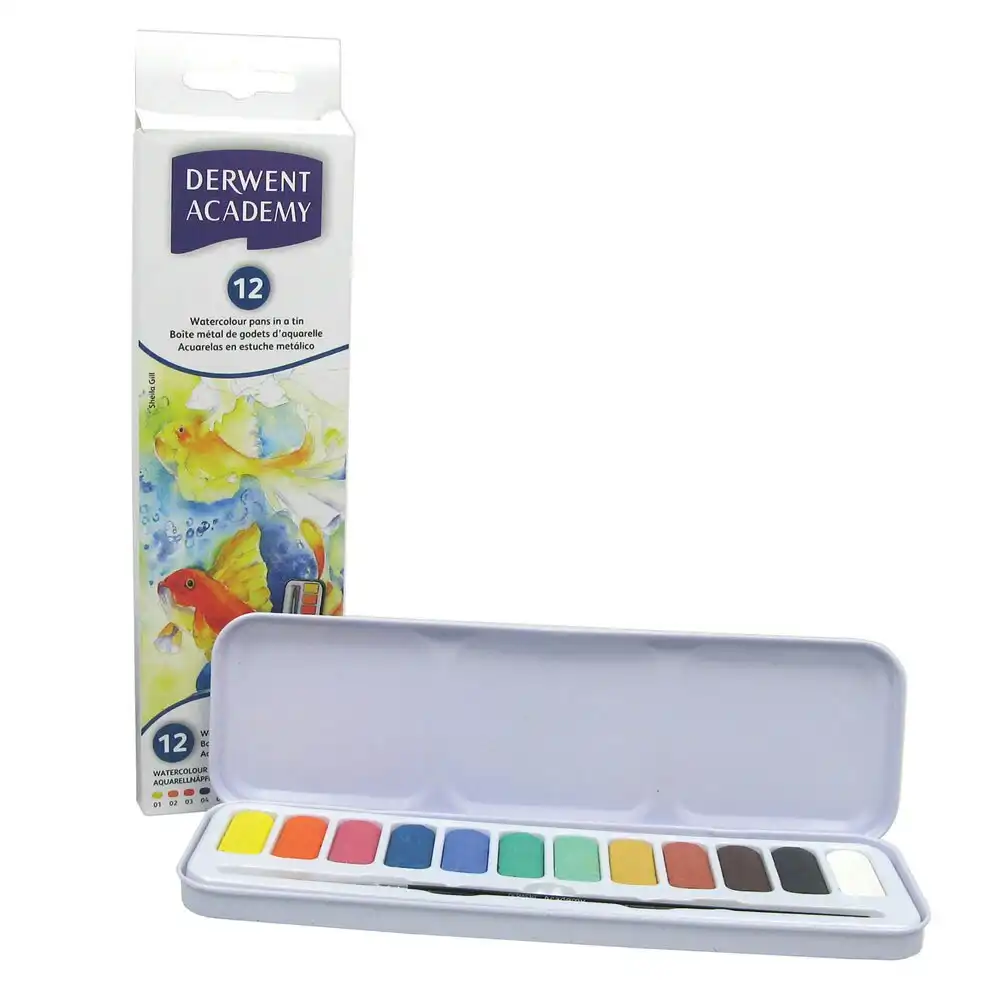 12pc Derwent Academy Watercolour Pan Set Craft/Art Paint Palette Colour Kit