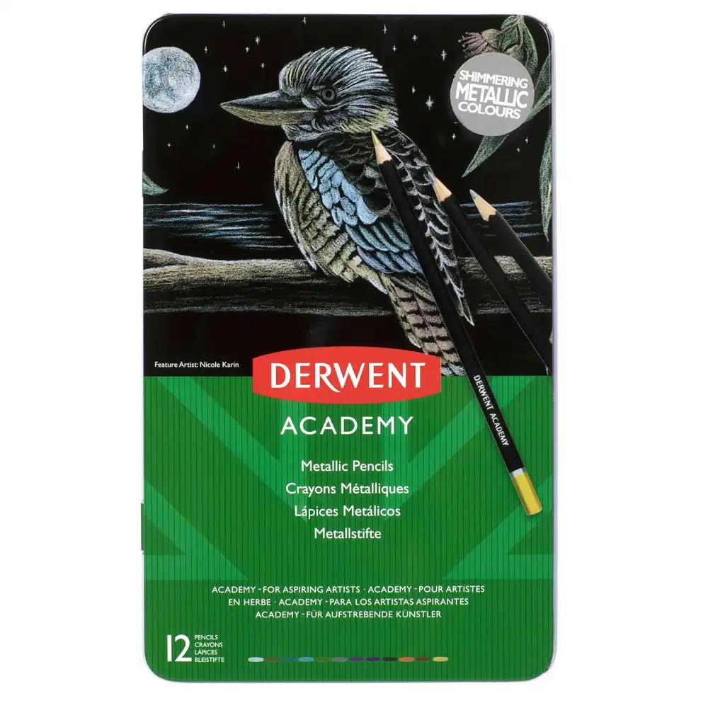12pc Derwent Academy Art/Craft Hexagonal Metallic Colour Pencil Tin Set