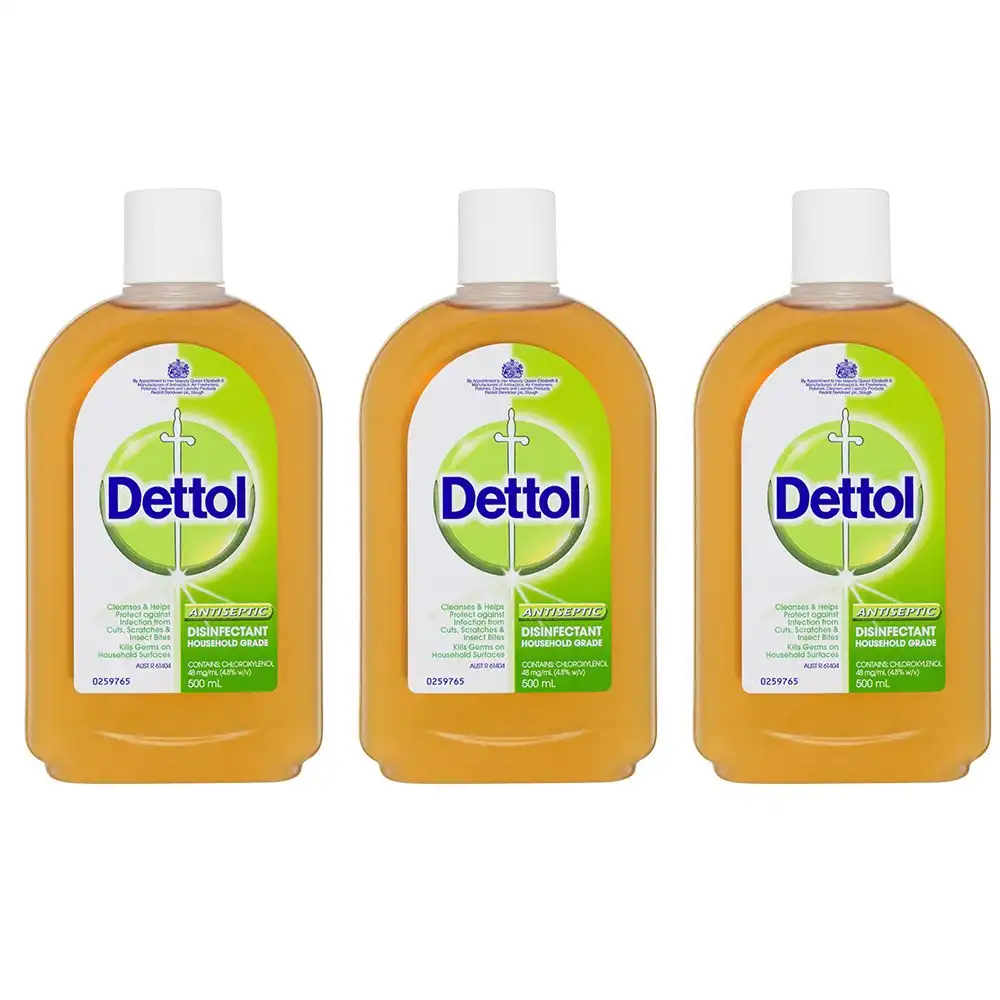 3x Dettol 500ml Antiseptic Surface/Cuts/Scratches Disinfectant Home Sanitiser