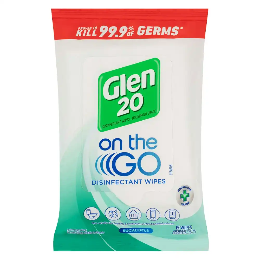 2x 15pc Glen 20 On The Go Travel/Mobile/Basket Cleaning Wet Wipes Eucalyptus