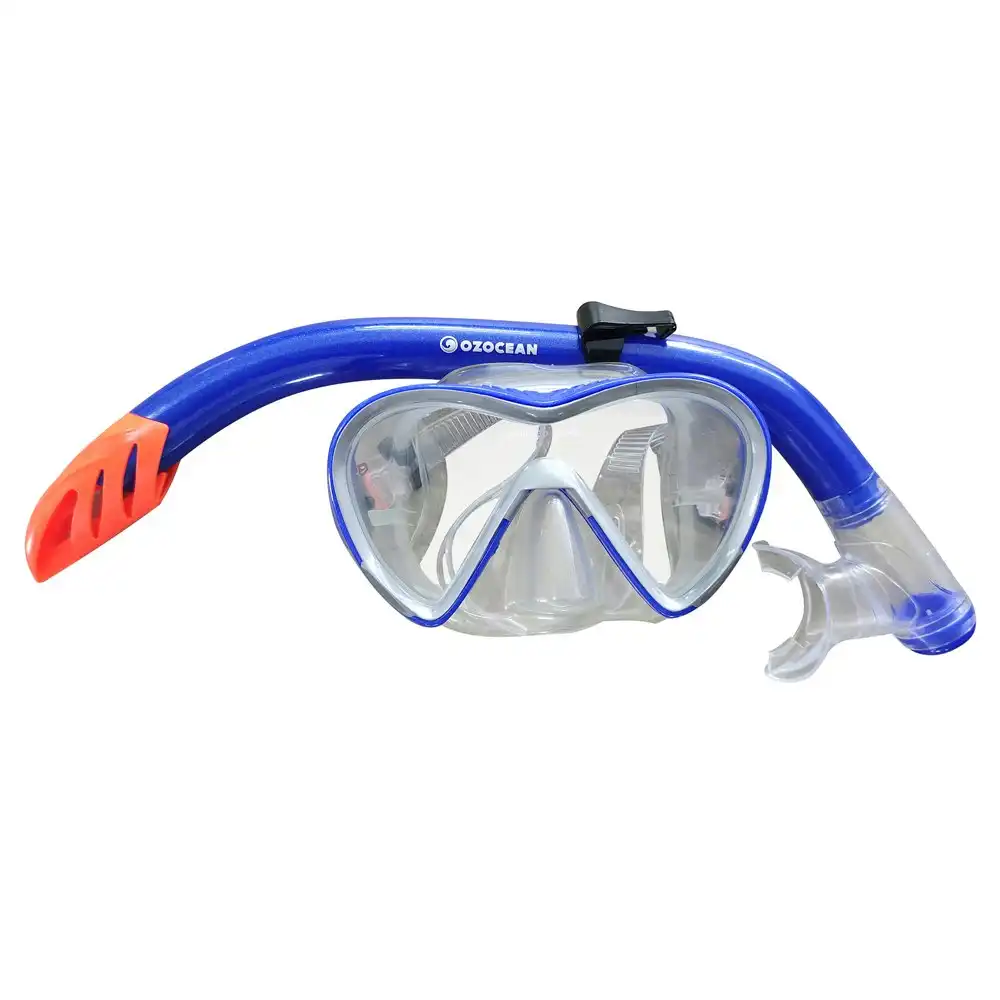 2pc Oz Ocean Mettams Adjustable Adults Swimming Mask Goggles & Snorkel Set Blue