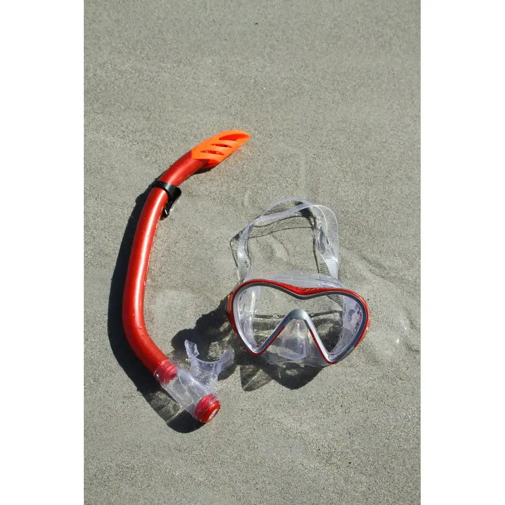 2pc Oz Ocean Mettams Adults Swimming Adjustable Goggles Mask & Snorkel Set Red