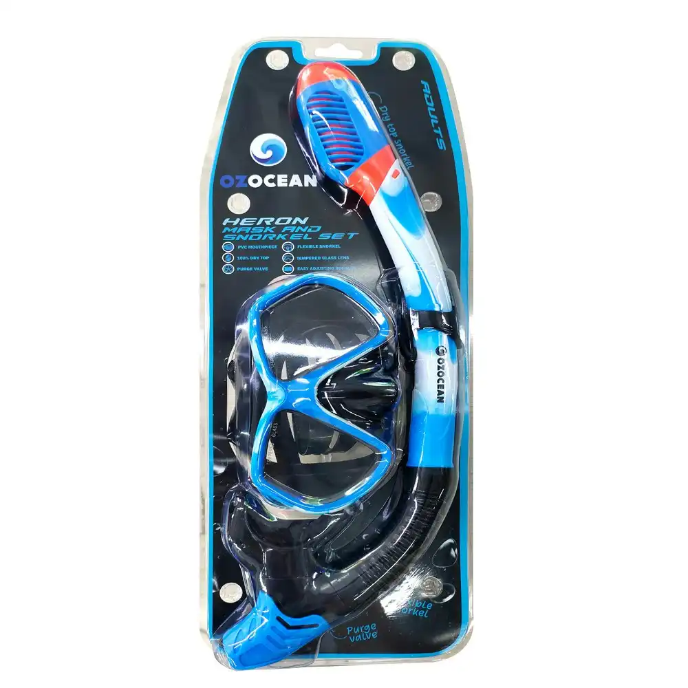 2pc Oz Ocean Heron Adults Swimming Beach Goggles Mask & Snorkel Set Blue/Black