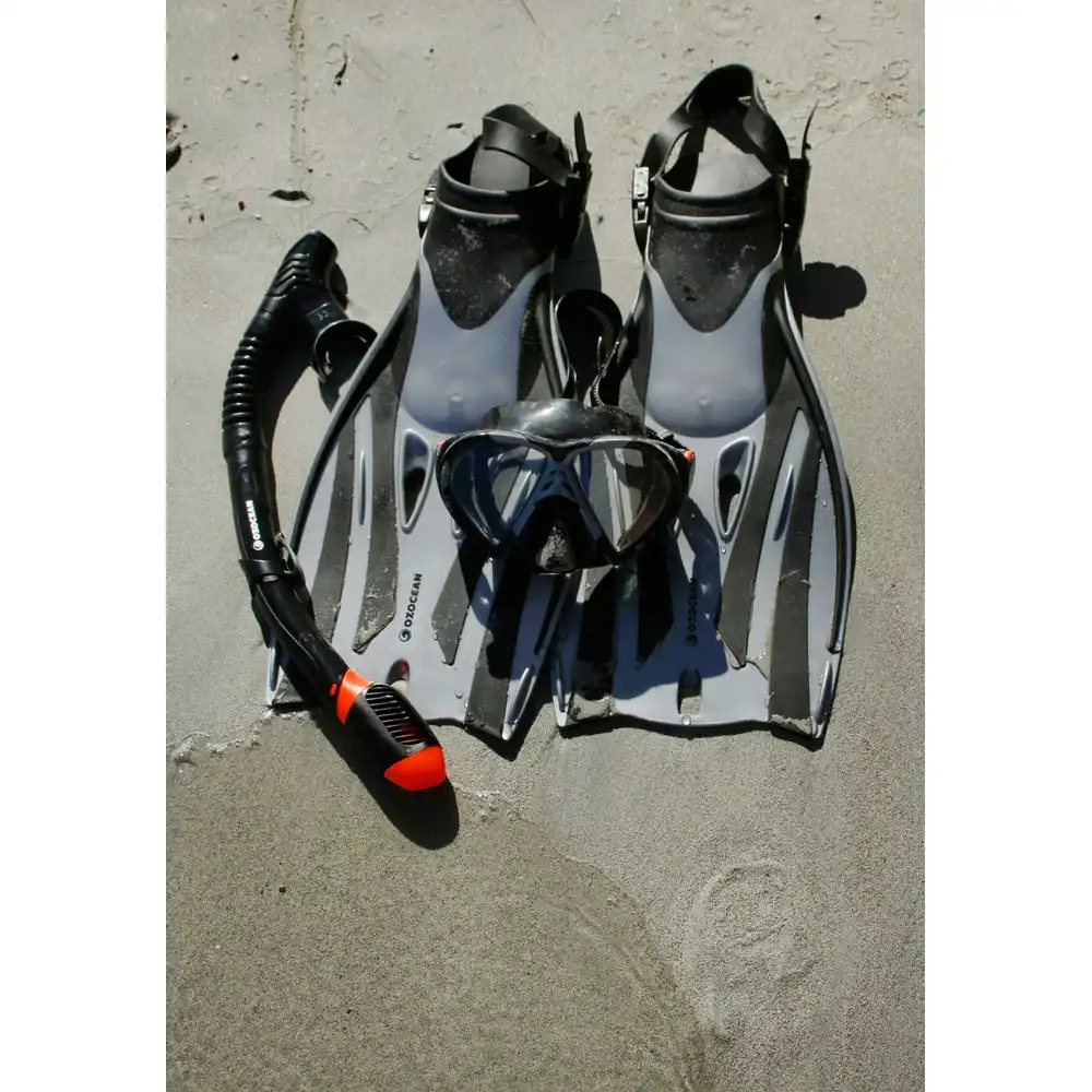 4pc Oz Ocean Rotto Adults S-M Swimming Goggles Mask & Snorkel Set Grey/Black
