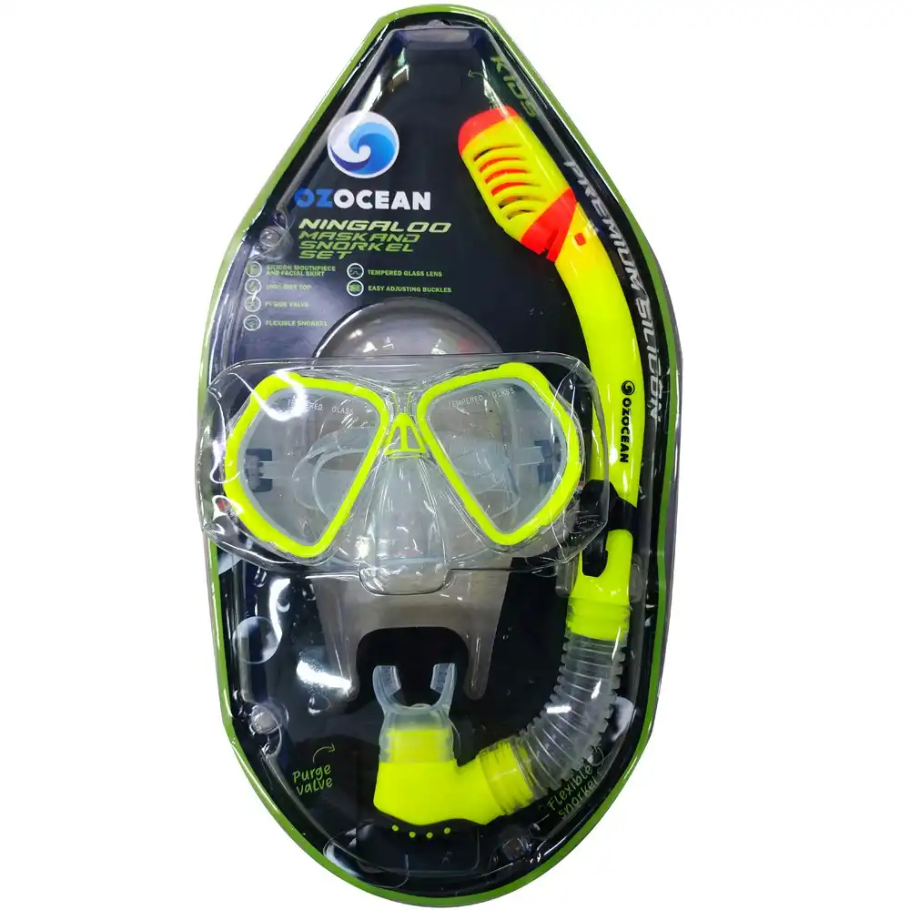 2pc Oz Ocean Ningaloo Kids Adjustable Swimming Goggles Mask & Snorkel Set Yellow
