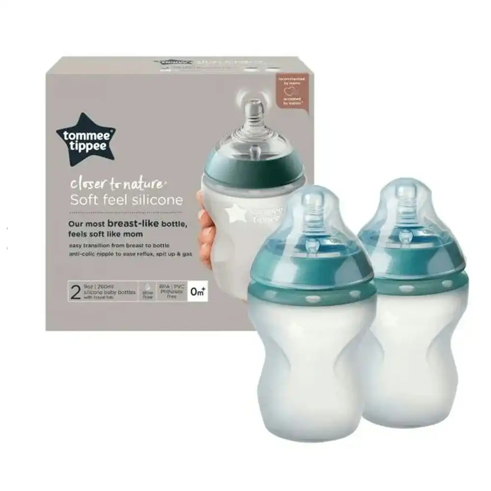 2pc Tommee Tippee 260ml Baby Soft Silicone Feeding Bottle Slow Flow w/Lid 0m+