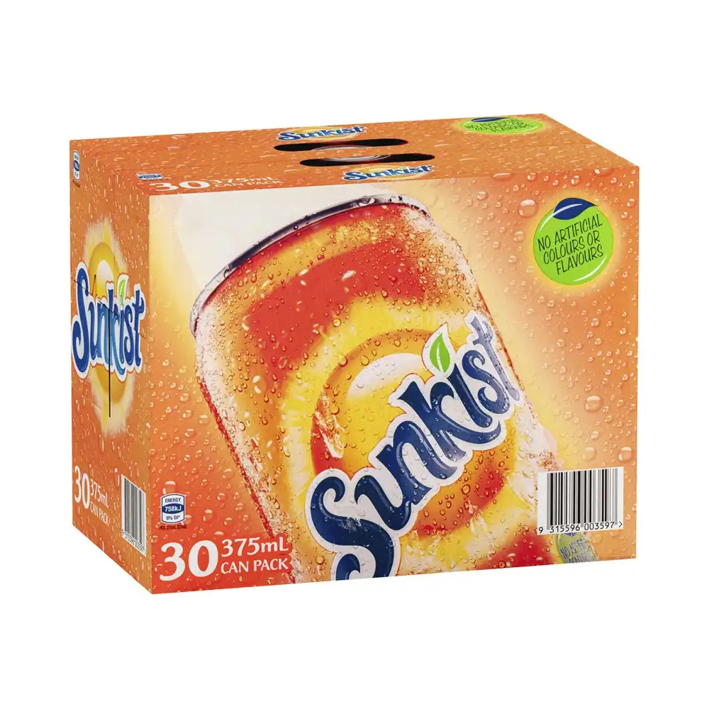 30pc Sunkist Orange Flavoured Soft Drink Sparkling/Carbonated Soda Cans 375ml