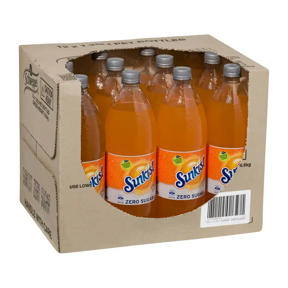 12pc Sunkist Zero Sugar Orange Flavoured Soft Drink Sparkling Soda Bottles 1.25L