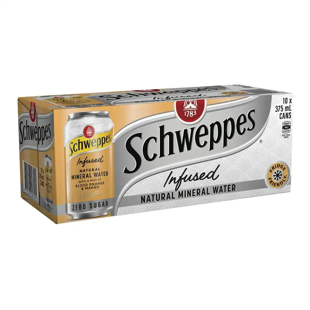 40pc Schweppes Infused Natural Mineral Water Blood Orange/Mango Soda Cans 375ml