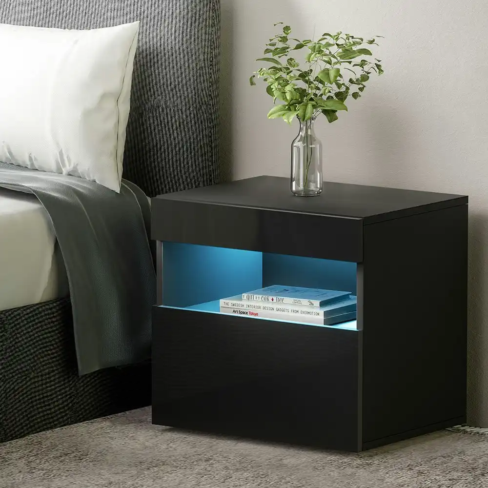 Artiss Bedside Tables RGB LED Drawers High Gloss Side Table Nightstand Black