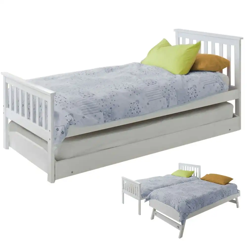 Kingston Slumber Wooden Single Bed Frame w/ Pop Up Trundle, for Kids Bedroom, White
