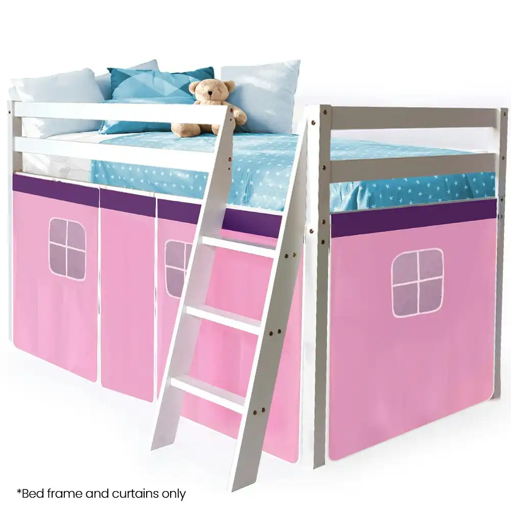 Kingston Slumber Wooden Kids Single Loft Bed Frame - Hiding Space Underneath with Interchangeable Pink and Blue Curtains