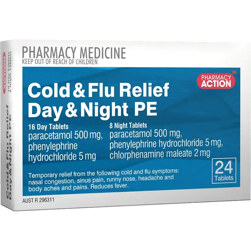 Pharmacy Action Cold & Flu Relief Day & Night PE 24 Tabs (Generic for Codral PE Day & Night)