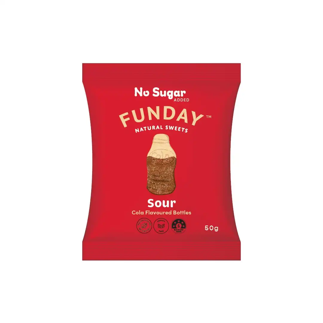 Funday Natural Sweets Gummy Bottles Sour Cola 50g (Pack of 12)