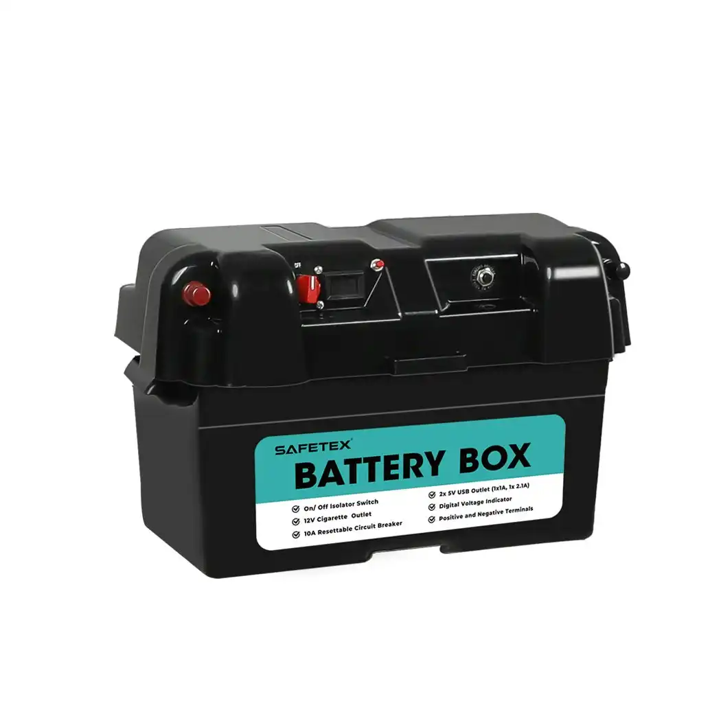 Safetex 12V AGM Battery Box USB Port Solar Caravan Camping 4WD Off-grid Charge