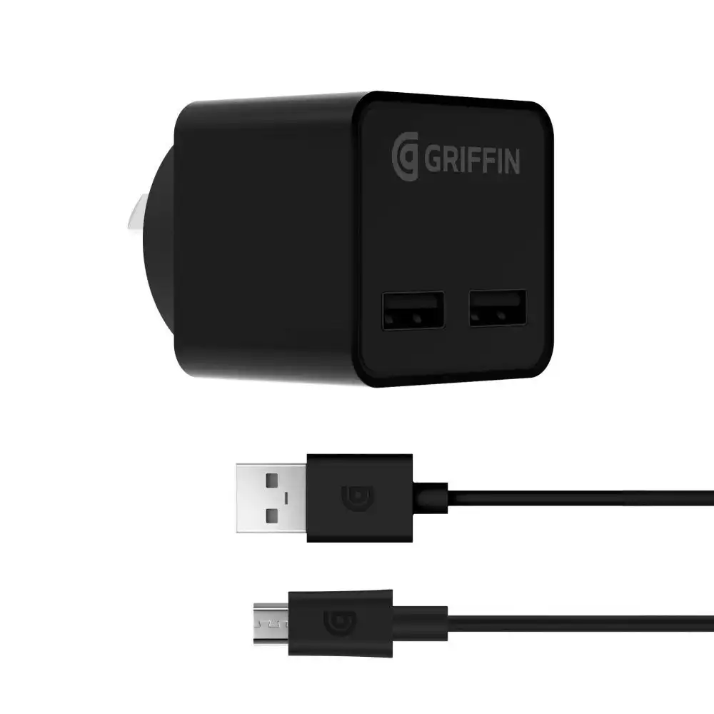 Griffin PowerBlock Dual Universal 12W Wall Charger Adapter USB-A to Micro USB Cable
