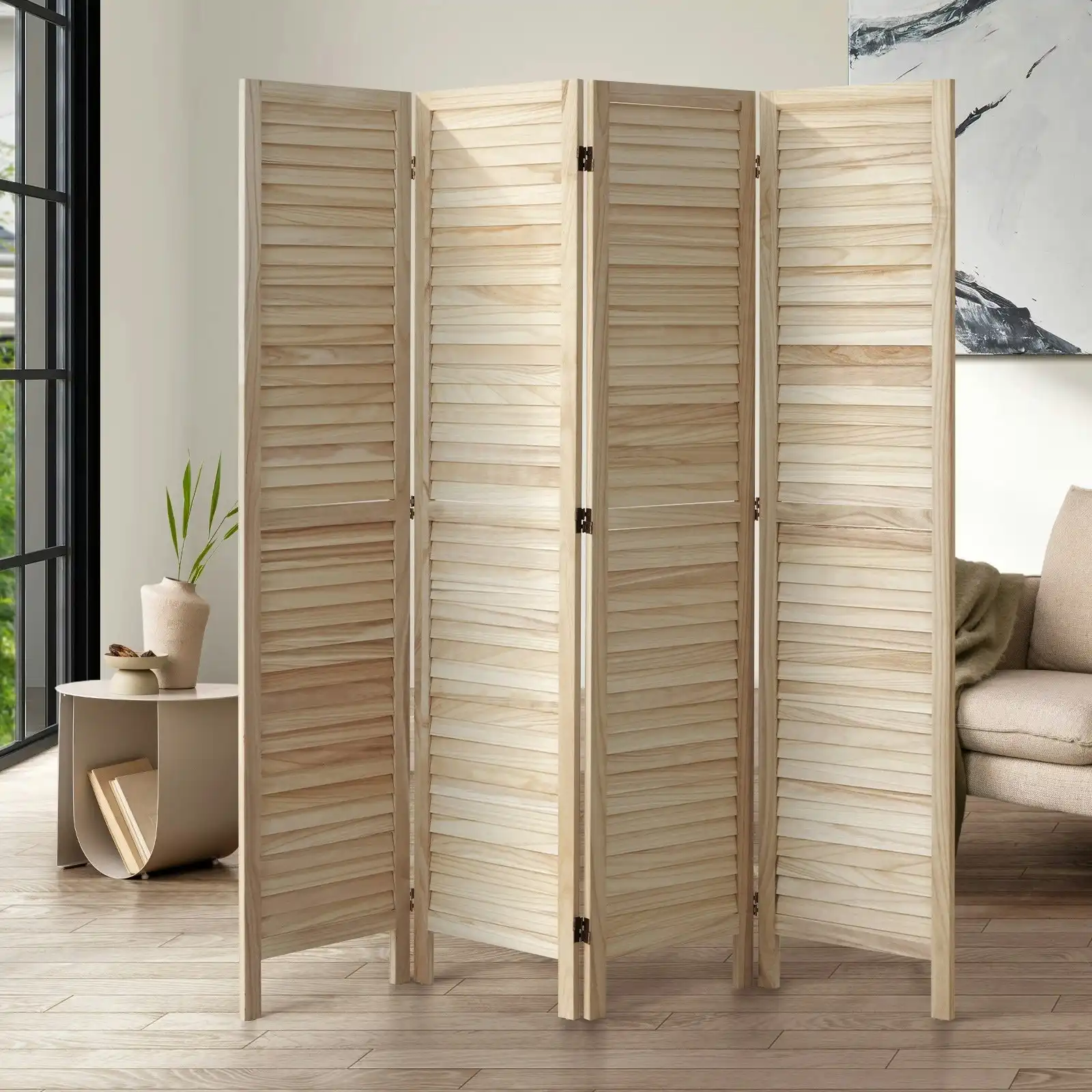 Oikiture 4 Panel Room Divider Privacy Screen Partition Timber Wooden Natural
