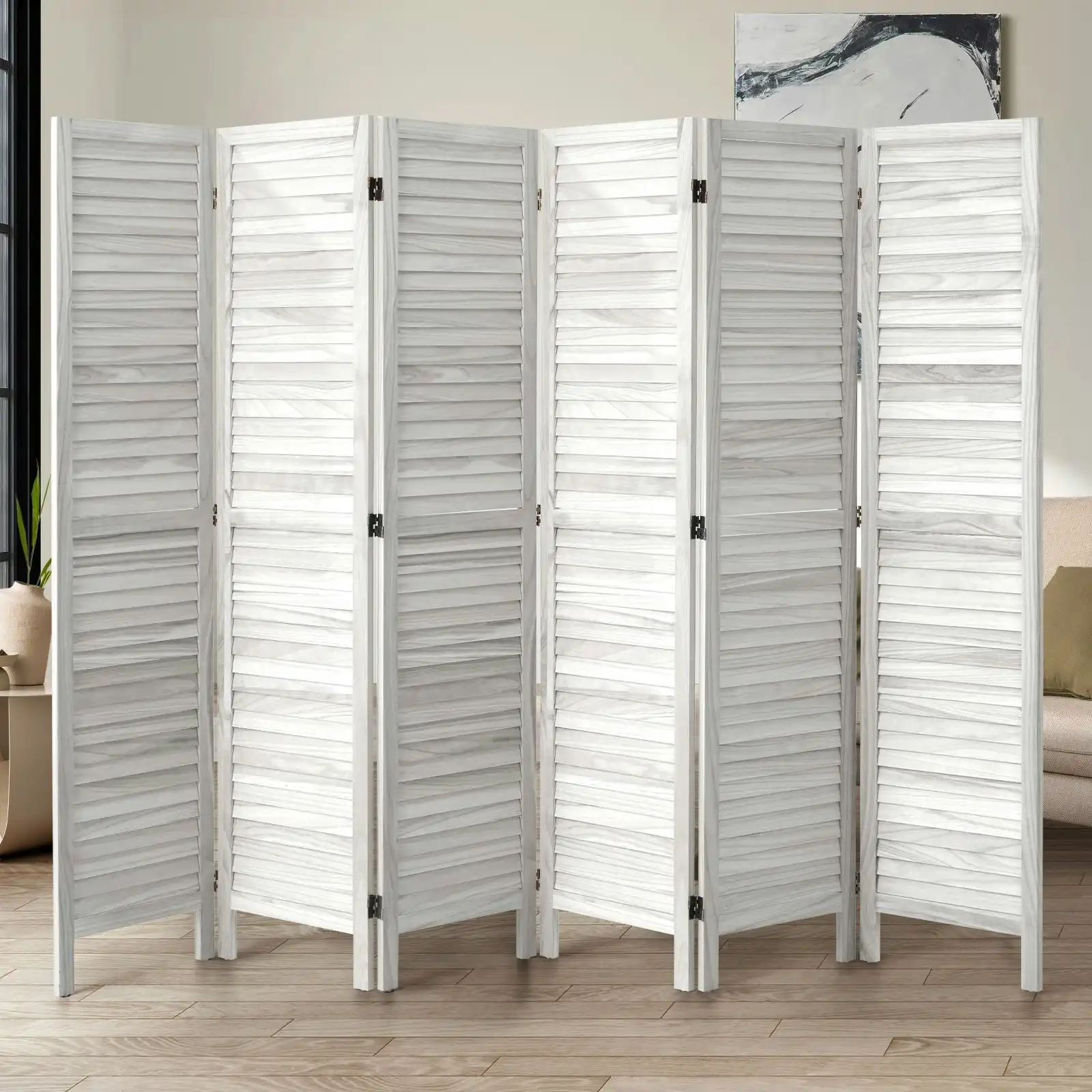 Oikiture 6 Panel Room Divider Privacy Screen Partition Timber Wooden Fold White